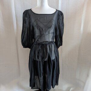 Vintage Albert Nipon Sheer Black Dress Puffy Sleeves Tie Waist Medium